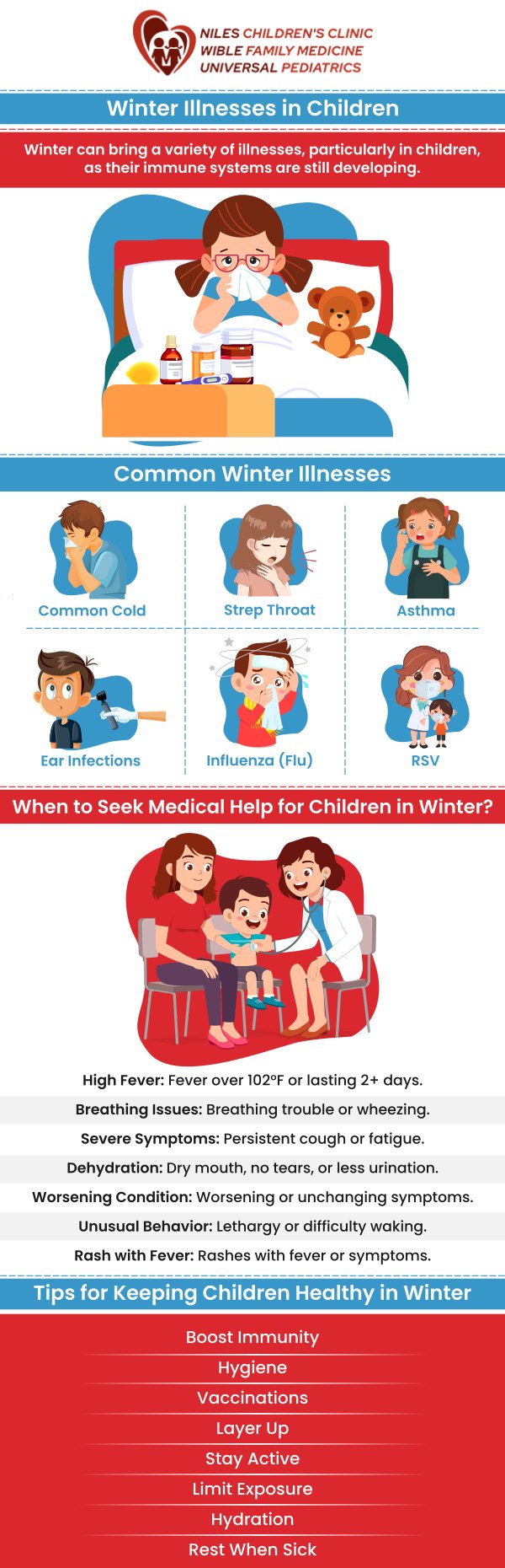 At Niles Children's Clinic, Universal Pediatrics, and Wible Family Medicine, we understand the challenges winter brings with common illnesses affecting children. From colds to flu and respiratory infections, these ailments are more prevalent during colder months. Our team is here to provide expert advice and preventive measures to help keep your child healthy this season. For more information, contact us today or book an appointment online. We are conveniently located at Niles Children's Clinic, Universal Pediatrics, and Wible Family Medicine in Bakersfield and Fresno CA. At Niles Children's Clinic, Universal Pediatrics, and Wible Family Medicine, we understand the challenges winter brings with common illnesses affecting children. From colds to flu and respiratory infections, these ailments are more prevalent during colder months. Our team is here to provide expert advice and preventive measures to help keep your child healthy this season. For more information, contact us today or book an appointment online. We are conveniently located at Niles Children's Clinic, Universal Pediatrics, and Wible Family Medicine in Bakersfield and Fresno CA.
