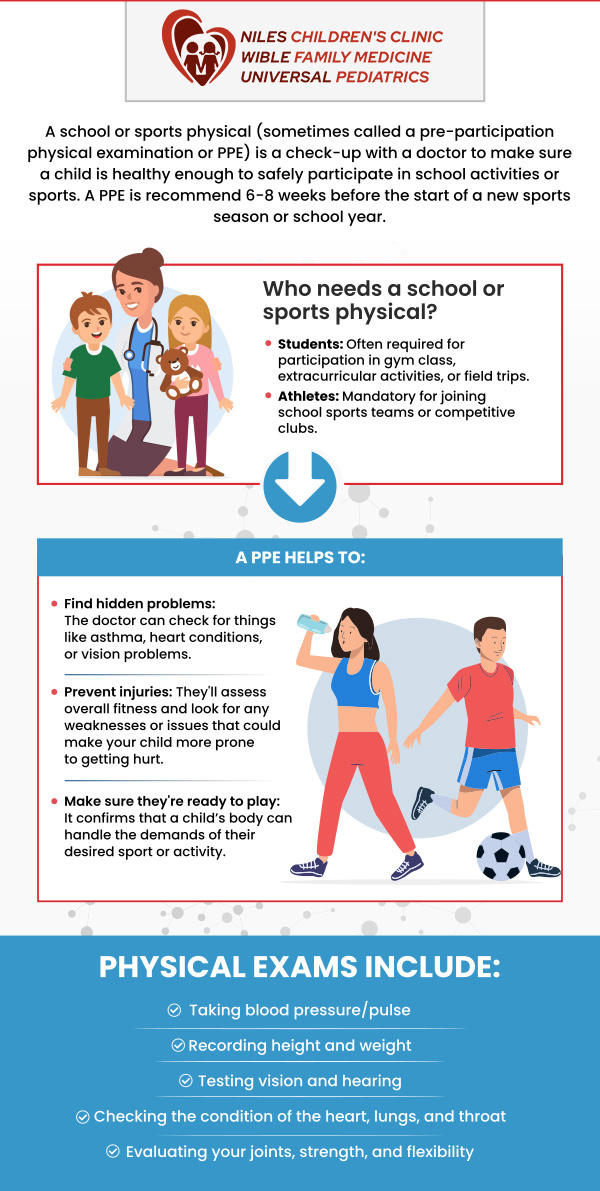 At Universal Pediatrics, we understand the importance of ensuring young athletes are healthy and ready to participate in sports. Our sports physical services are designed to evaluate overall health, identify any potential risks, and ensure that children and teens are physically prepared for athletic activities. Whether it's for school sports, extracurricular activities, or recreational leagues, we provide thorough and accurate physicals. For more information, contact us today or book an appointment online. We are conveniently located at Niles Children's Clinic, Universal Pediatrics, and Wible Family Medicine in Bakersfield and Fresno, CA. At Universal Pediatrics, we understand the importance of ensuring young athletes are healthy and ready to participate in sports. Our sports physical services are designed to evaluate overall health, identify any potential risks, and ensure that children and teens are physically prepared for athletic activities. Whether it's for school sports, extracurricular activities, or recreational leagues, we provide thorough and accurate physicals. For more information, contact us today or book an appointment online. We are conveniently located at Niles Children's Clinic, Universal Pediatrics, and Wible Family Medicine in Bakersfield and Fresno, CA.