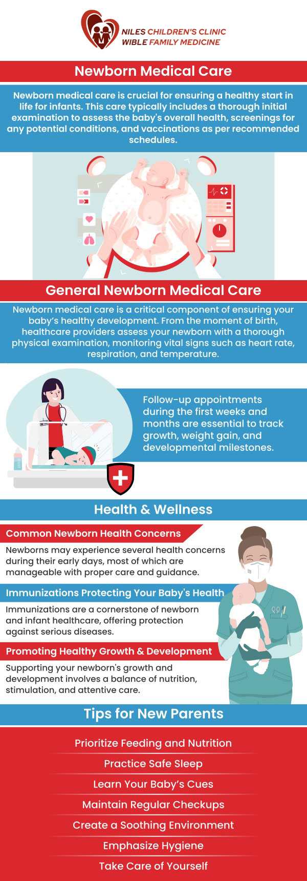 Newborn care promotes healthy eating, good cleanliness, and the early identification of any medical problems to safeguard the health and well-being of newborns. Our team provides newborn care at Universal Healthcare Services Inc. of Niles Children's Clinic, and Wible Family Medicine, which builds a solid link between parents and the child and lays the groundwork for the child's healthy development and growth. For more information, contact us today or book an appointment online. We are conveniently located at Niles Children's Clinic, and Wible Family Medicine in Bakersfield CA.