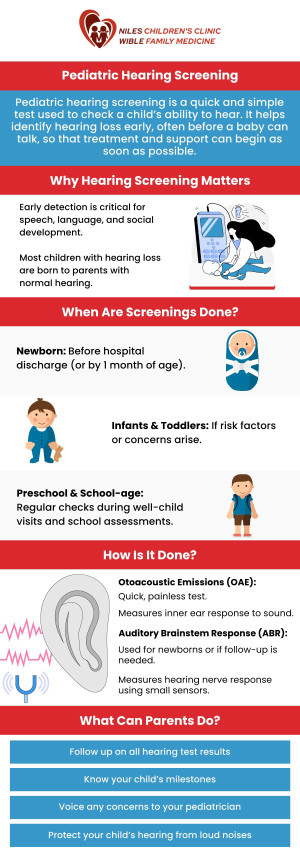 At Niles Children's Clinic, Universal Pediatrics, and Wible Family Medicine, we provide comprehensive pediatric hearing screenings for early detection of hearing issues. Our screenings are designed to support your child's development of speech, language, and cognitive skills. Trust our expert team to ensure your child's auditory health is carefully monitored. For more information, contact us or book an appointment online. We are conveniently located at Niles Children's Clinic, and Wible Family Medicine in Bakersfield, CA. At Niles Children's Clinic, Universal Pediatrics, and Wible Family Medicine, we provide comprehensive pediatric hearing screenings for early detection of hearing issues. Our screenings are designed to support your child's development of speech, language, and cognitive skills. Trust our expert team to ensure your child's auditory health is carefully monitored. For more information, contact us or book an appointment online. We are conveniently located at Niles Children's Clinic, and Wible Family Medicine in Bakersfield, CA.