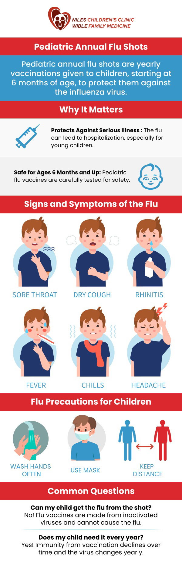 Our team emphasizes the importance of the annual flu shot to protect your child from seasonal flu viruses. By getting vaccinated, your child is not only safeguarded but also helps prevent the spread of the flu within the community. Visit us today to ensure your child receives their flu shot in a comfortable and caring environment. For more information, contact us today or book an appointment online. We are conveniently located at Niles Children's Clinic, and Wible Family Medicine in Bakersfield, CA.