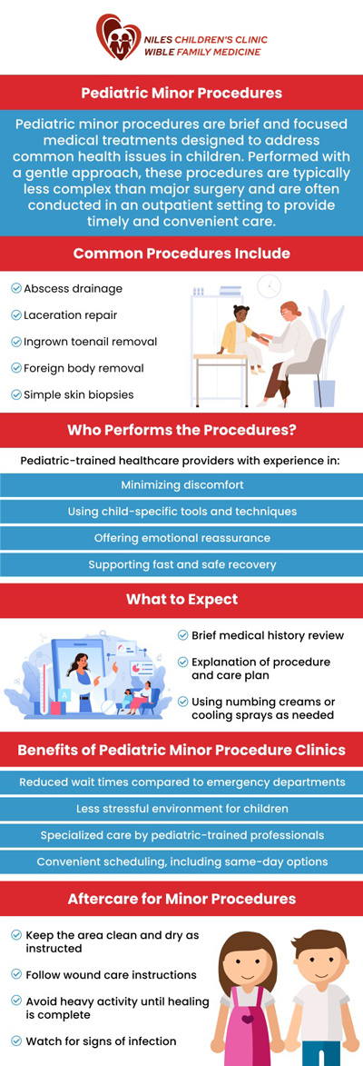 Pediatric minor procedures are essential for diagnosing and treating common conditions in children. At Universal Healthcare Services Inc., our skilled team is dedicated to providing expert care in a comforting environment. Whether your child requires a simple procedure or needs specialized attention, our team ensures the highest standard of care. For more information, contact us or schedule an appointment online. We are conveniently located at Niles Children's Clinic, and Wible Family Medicine in Bakersfield, CA.